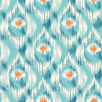 Ikat pattern with peacock feathers. Stock Illustration