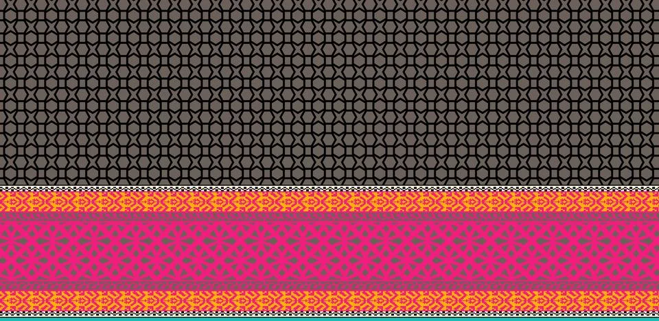 Ikat seamless repeat pattern with stripped border print. Vector, bohemian e.. Illustrazione stock