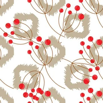 Ikat vector seamless pattern with rowanberry branch. Abstract geometric Stock Illustration
