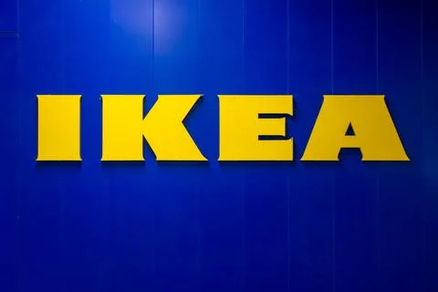 Ikea logo on blue wall Stock Photos