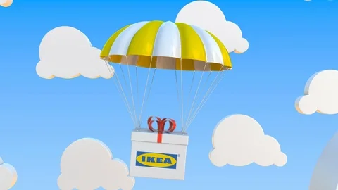 IKEA logo on moving box moves under parachute. Editorial loopable 3D animation Stock Footage 123111463