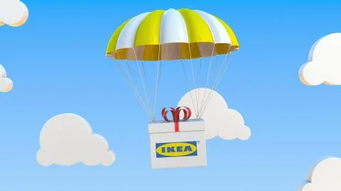 IKEA logo on moving box moves under parachute. Editorial 3D rendering Stock Illustration