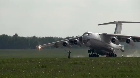 IL-78 tanker (NATO codification: Midas) accelerates and takes off. Close-up Stock Footage 123905233