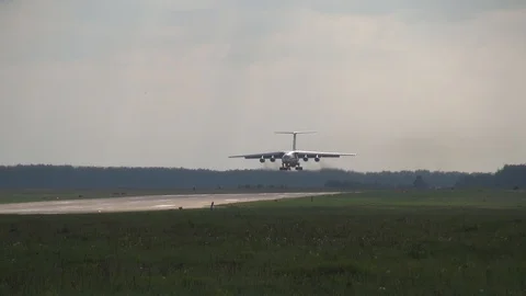 IL-78 tanker (NATO codification: Midas) lands on runway. Close-up Stock Footage 123905367