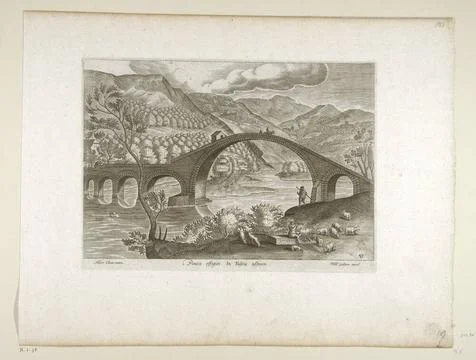 ï»¿Landscape with a bridge with arched spans of different width and height Stock Photos
