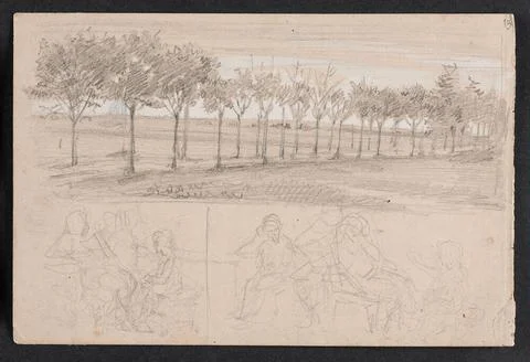 ï»¿Landscape study; two sketches of groups of figures; verso: two sketches Stock Photos
