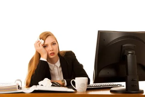 Ill business woman works in office - illness on work Stock Photos