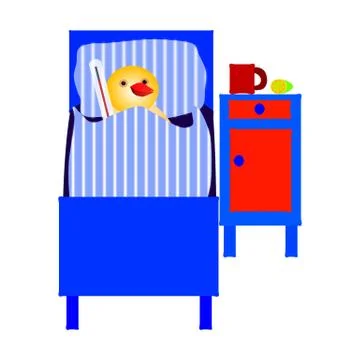 Ill chicken lying in bed with thermometer Stock Illustration