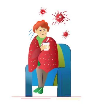 Ill man with flu or virus at home  vector illustration. Stock Illustration