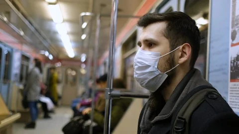 Ill Man Train Metro Subway. Mask People Coronavirus. Covid-19. Corona virus Mers Stock Footage 129129207