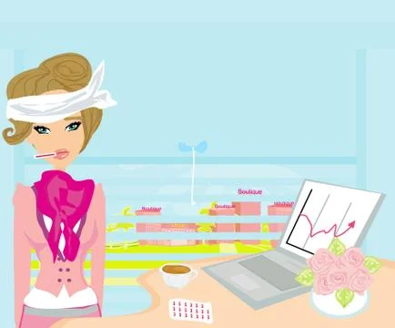 Ill secretary working at the computer イラスト素材