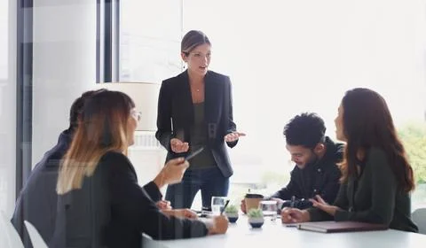 Ill try to explain that again...a young businesswoman giving a presentation to Stock Photos
