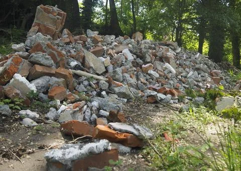 Illegal Construction Rubble Dumped in Green Forest Stock Photos