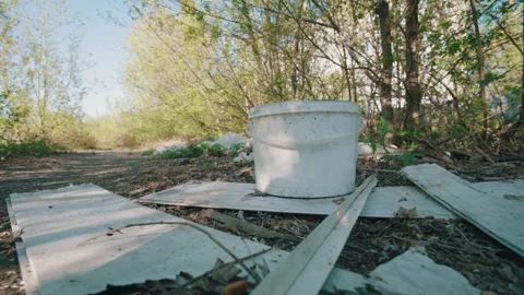 Illegal Dumping of Construction Waste in Park | Discarded Plastic Bucket Stock Footage 334132632