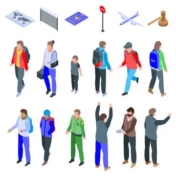 Illegal immigrants icons set, isometric style Stock Illustration