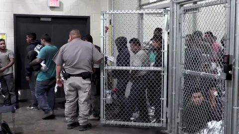 Illegal Immigration - Young Men Detained in cages by Customs and Border Patrol Stock Footage