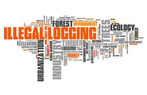 Illegal logging word cloud. Environmental crime concept. Stock Illustration