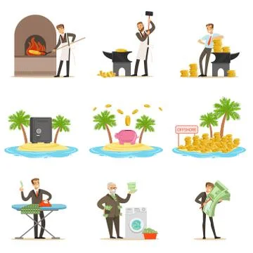 Illegal Money Laundering And Using Offshores Set Of Illustrations With Corrupt Stock Illustration