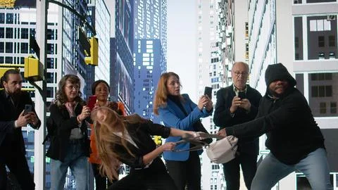 Illegal robbery shows black man stealing handbag on city on street Stock Photos