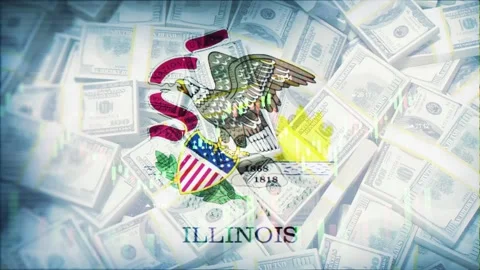 Illinois Flag on Economic Background With Decrease Bar Chart Graph And Arrow Stock Footage 320970776