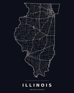 Illinois IL Map Counties Highways Roads Dark Mode Editable Vector Stock Illustration
