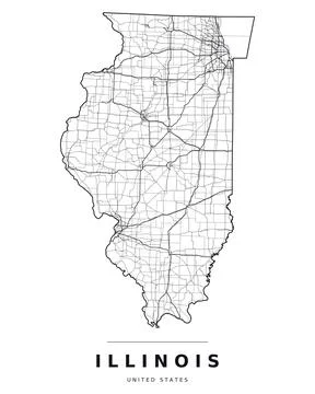 Illinois IL Map Counties Highways Roads Black White Editable Vector Stock Illustration