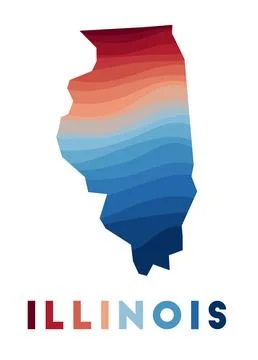 Illinois map. Map of the us state with beautiful geometric waves in red blu.. 스톡 일러스트