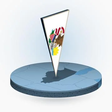 Illinois map in round isometric style with triangular 3D flag of US State I.. Stock Illustration