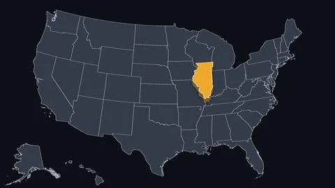 Illinois Raised in 3D on US Election Map Teal and Amber Highlight, Black Stock Illustration