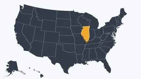 Illinois Raised in 3D on US Election Map Teal and Amber Highlight, White Stock Illustration