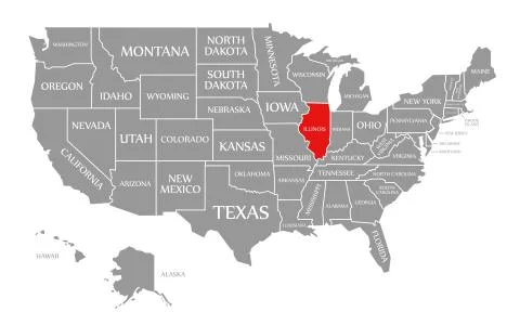 Illinois red highlighted in map of the United States of America Stock Illustration