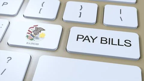 Illinois State Flag and Pay Bills Text on Button 3D Illustration Stock Illustration