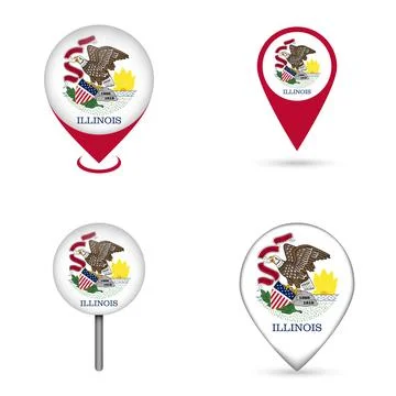 Illinois State Flag Map Pin Icons Set Collection Stock Illustration