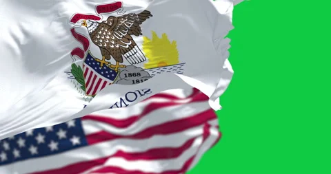 Illinois state flag waving with the US flag isolated on green background Stock Footage 318294464