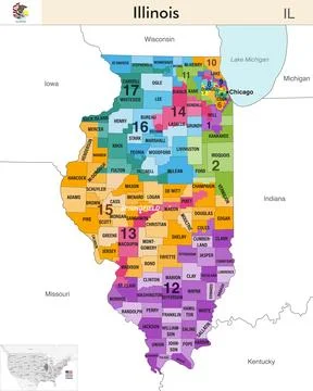Illinois state map with counties borders and congressional districts Stock Illustration
