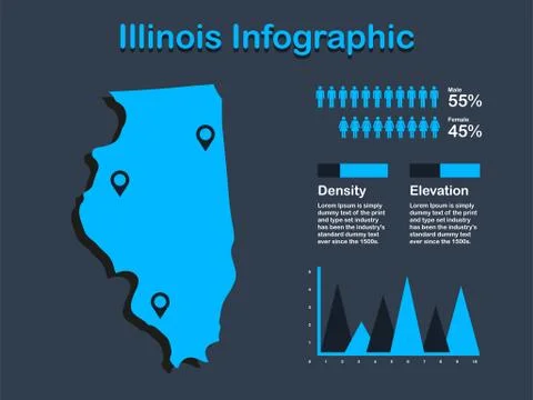 Illinois State (USA) Map with Set of Infographic Elements in Blue Color Stock Illustration