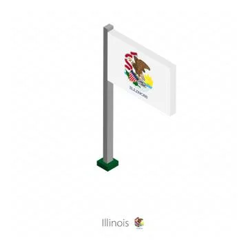 Illinois US state flag on flagpole in isometric dimension. Stock Illustration