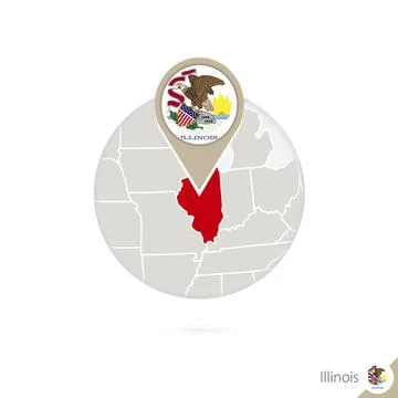 Illinois US State map and flag in circle. Map of Illinois, Illinois flag pi.. Stock Illustration