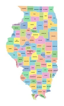 Illinois, U.S. state, subdivided into 102 counties, multi colored map Stock Illustration