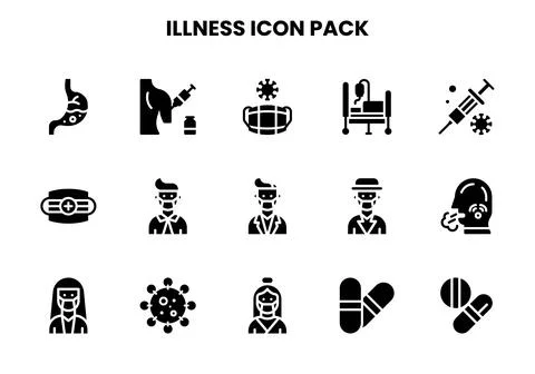 Illness Glyph Vector Icons Pack Stock Illustration