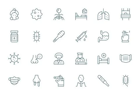 Illness Vector Icon Set with 24 Thin Line 64x64 Pixel Optimized Graphics Illustrazione stock