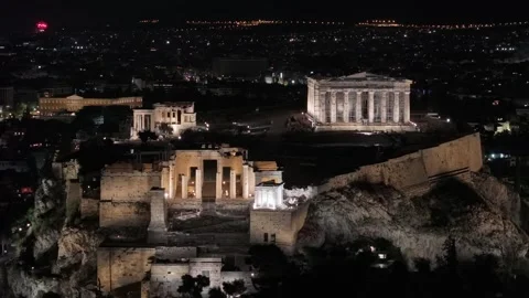 Illuminated Acropolis Drone Orbit at Night Stock-Footage 323220110