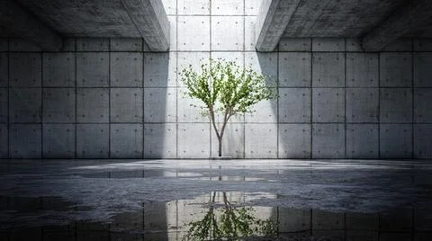 Illuminated alone tree on the background of Concrete wall with reflections in Stock Illustration