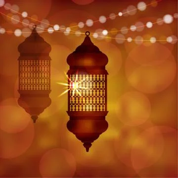 Illuminated arabic lamp, lantern with string of lights. Modern blurred vector Stock Illustration