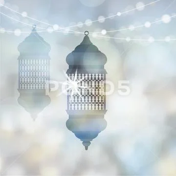 Illuminated arabic lamps, lanterns with string of lights. Modern blurred vector Stock Illustration