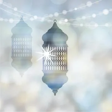 Illuminated arabic lamps, lanterns with string of lights. Modern blurred vector Stock Illustration