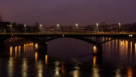 Illuminated Arch Bridge over the Rhine River at Night, Basel Stock Footage 343349551
