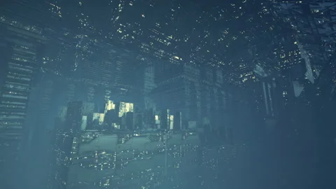 Illuminated architectural elements create surreal subterranean skyline Stock Footage 343626262