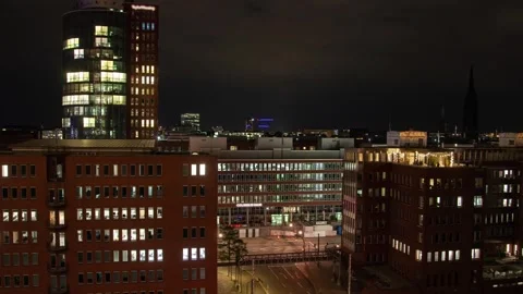 Illuminated Architecture and Bridge Traffic in Hamburg at Night Stock Footage 308170656