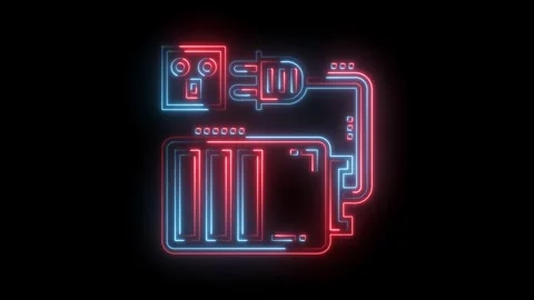 Illuminated audio processing unit with power supply and plug neon style on black Stock Footage 322990178
